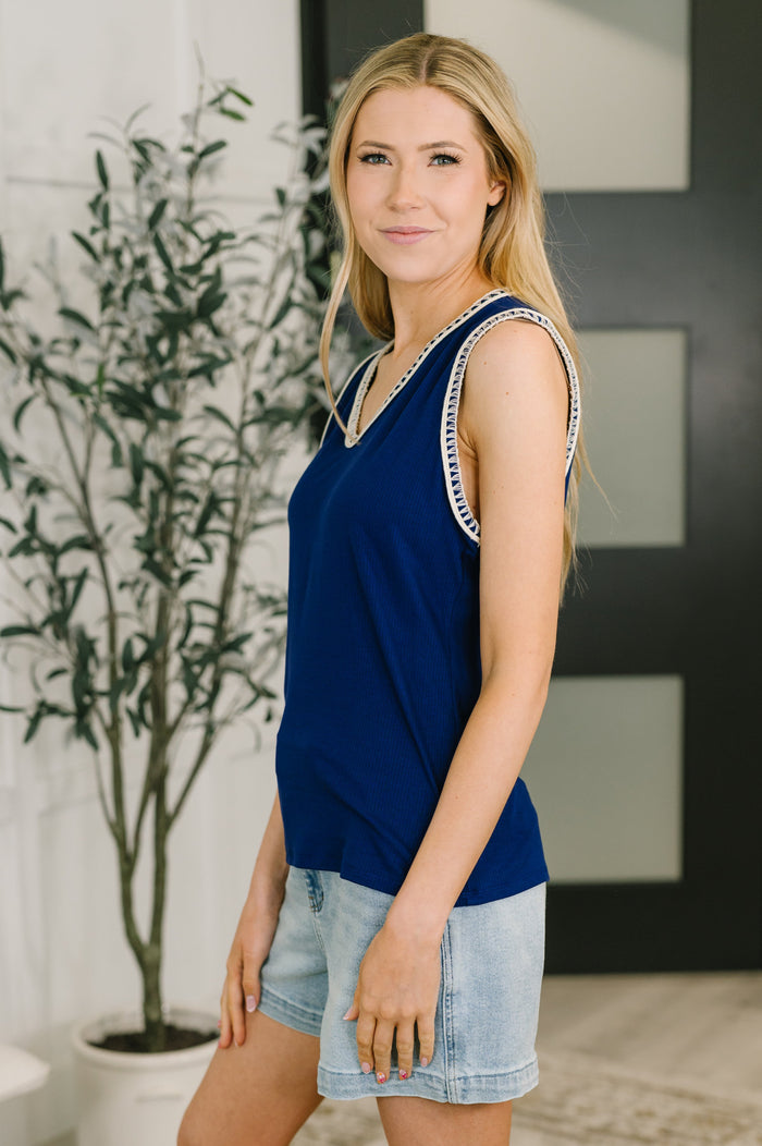 Whisper Trim Detailed V-Neck Tank in Navy Tank Top Ave Shops- Tilden Co.