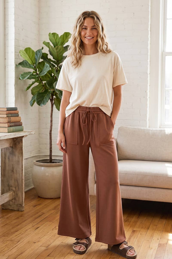 Wide Leg Drawstring Pants Brown / Large Brown Large Sewn and Seen- Tilden Co.