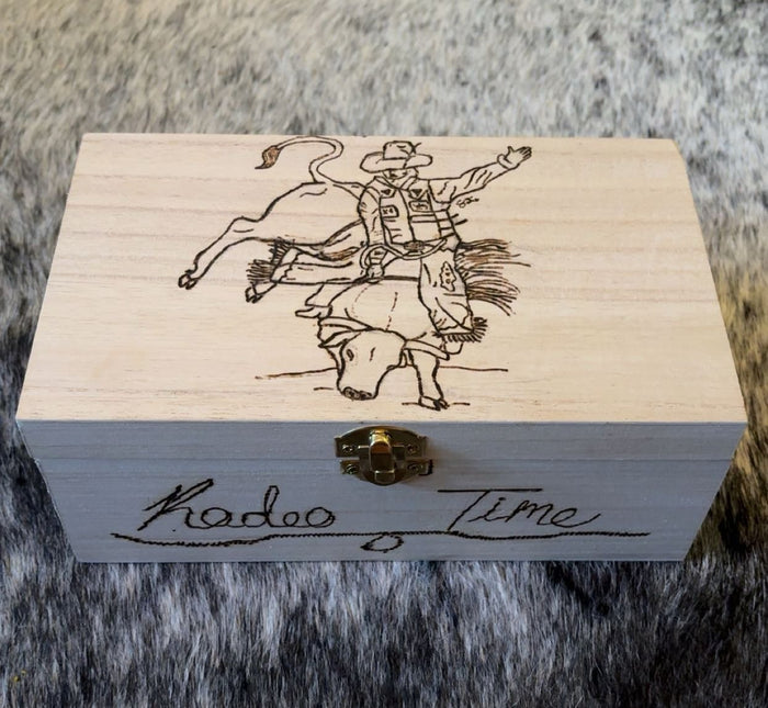 Wood Burned Box - Bull Riding "Rodeo Time" - Customized