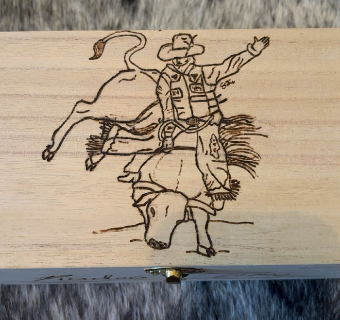 Wood Burned Box - Bull Riding "Rodeo Time" - Customized
