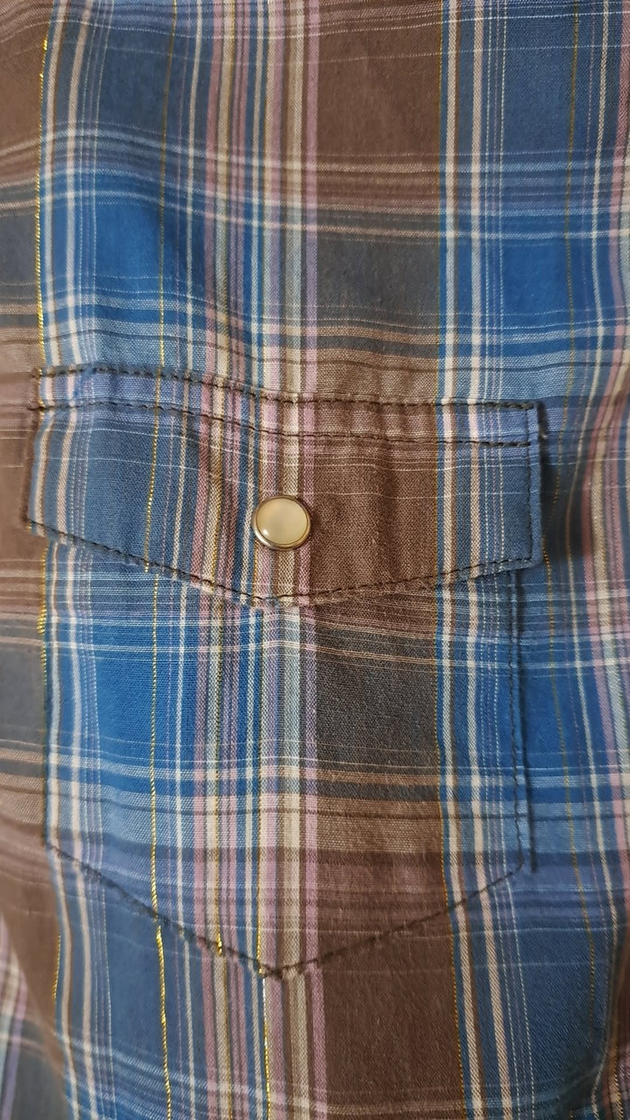 Wrangler Wrancher Vintage Women's Brown And Blue Plaid Gold Sparkle