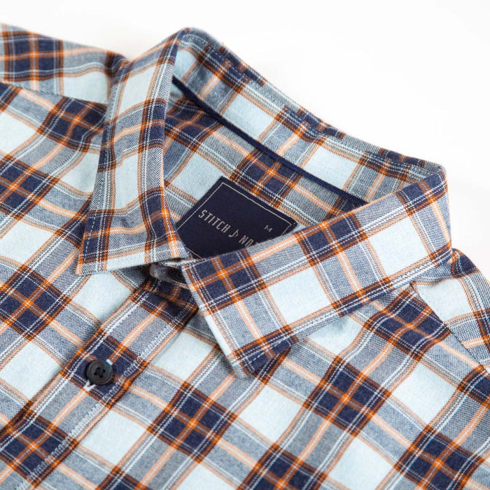 Yarn Dyed - Light Blue, Navy, and Orange Plaid