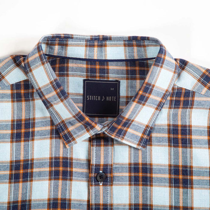 Yarn Dyed - Light Blue, Navy, and Orange Plaid